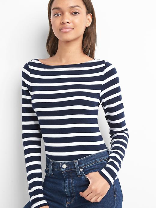 View large product image 1 of 1. Stripe long sleeve modern boatneck
