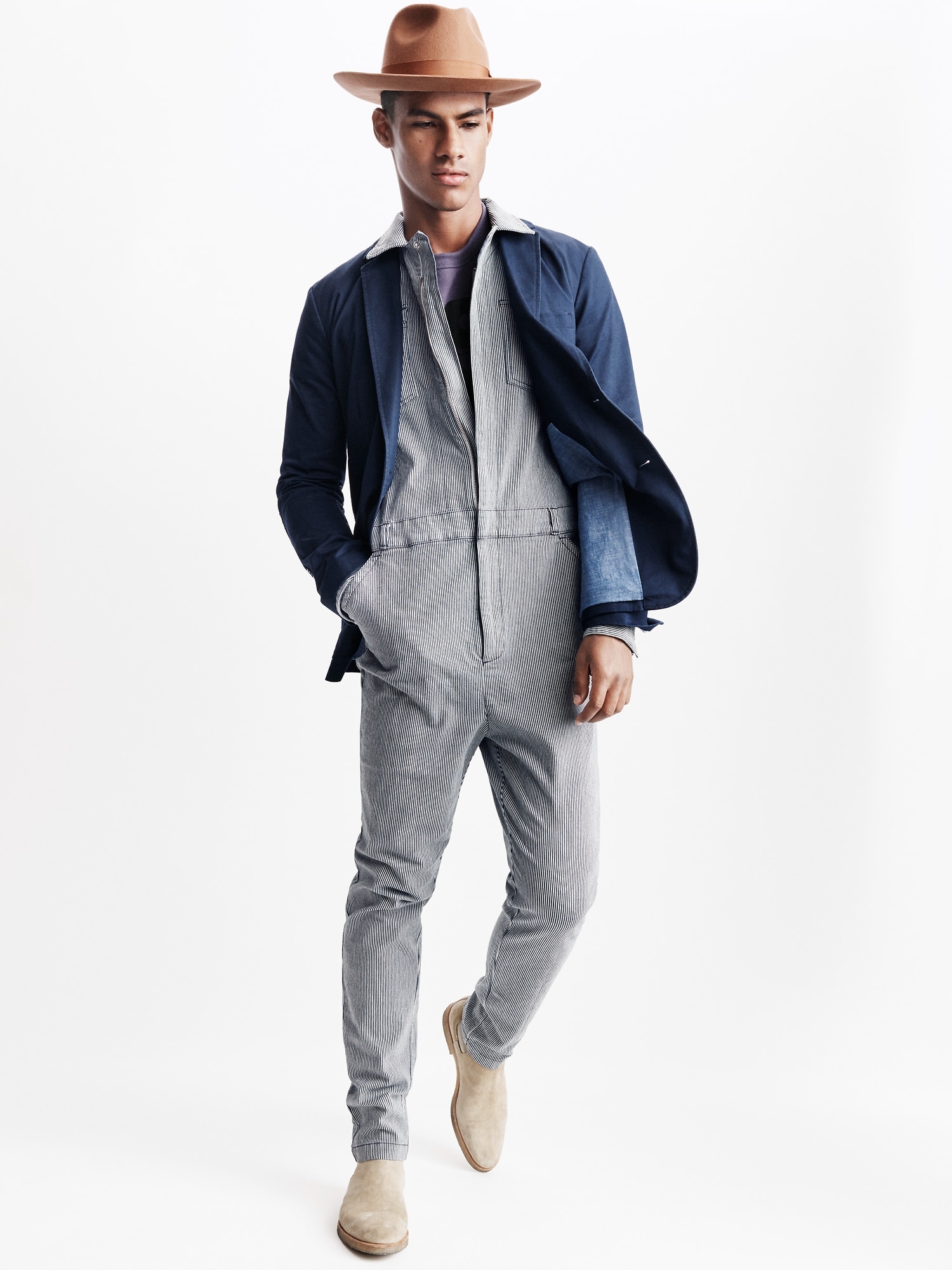 Gap + GQ UA railroad-stripe denim coverall | Gap