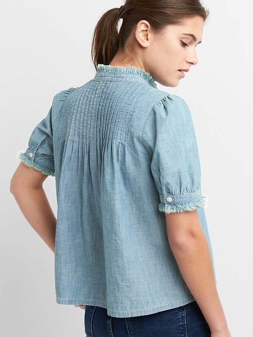 Image number 2 showing, Short Sleeve Pintuck Top in Chambray