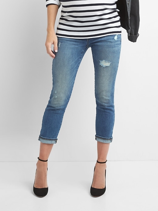 Image number 1 showing, Maternity demi panel distressed best girlfriend jeans