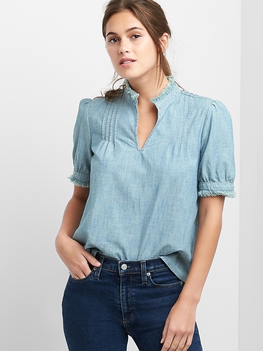 Image number 1 showing, Short Sleeve Pintuck Top in Chambray
