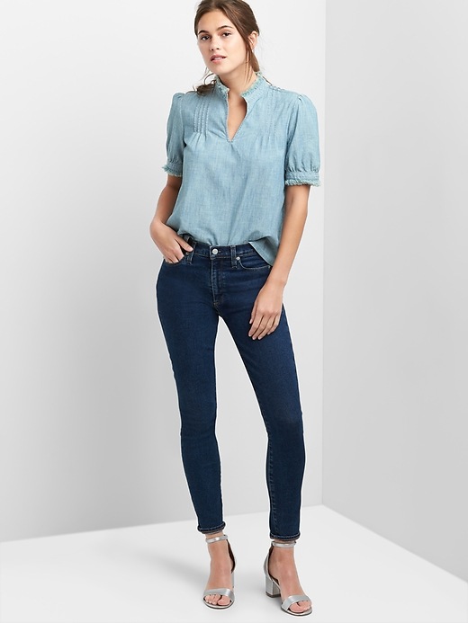 Image number 3 showing, Short Sleeve Pintuck Top in Chambray