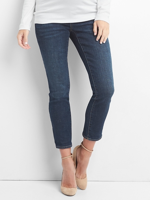 1 of 8 showing, with the color medium indigo of product Maternity Demi Panel Girlfriend Jeans