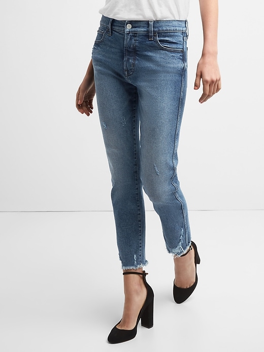 Image number 5 showing, High Rise Slim Straight Jeans with Distressed Detail