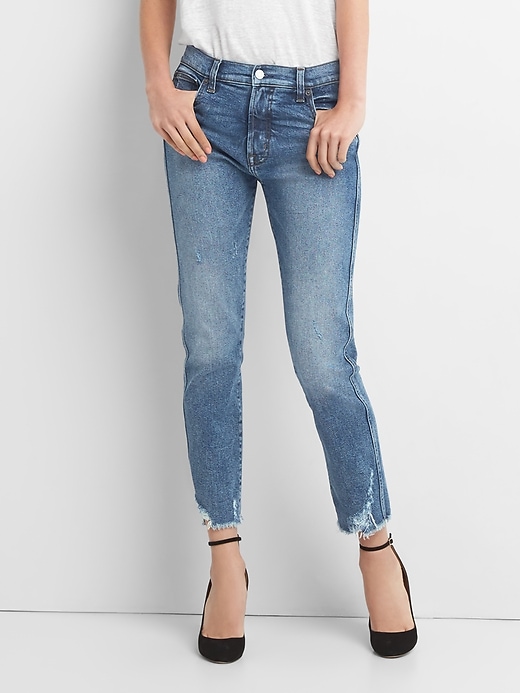 Image number 1 showing, High Rise Slim Straight Jeans with Distressed Detail