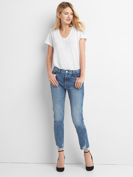 Image number 3 showing, High Rise Slim Straight Jeans with Distressed Detail