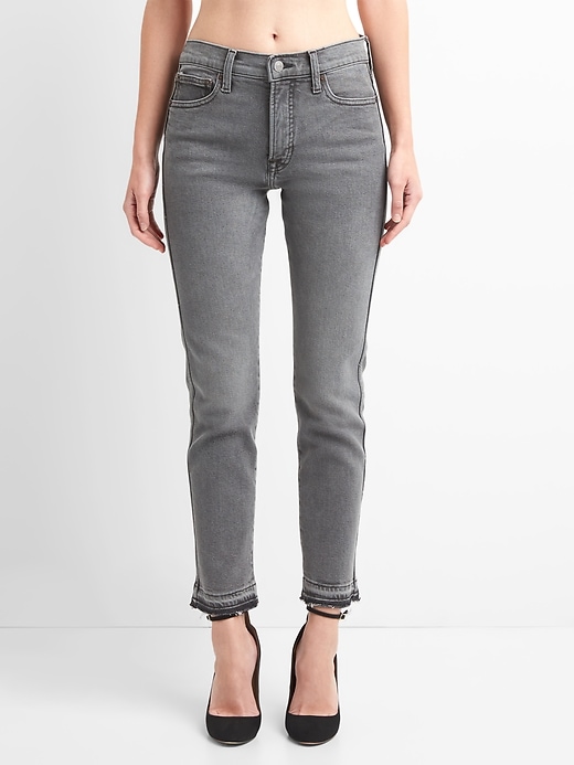 Image number 7 showing, High Rise Slim Straight Jeans with Distressed Detail