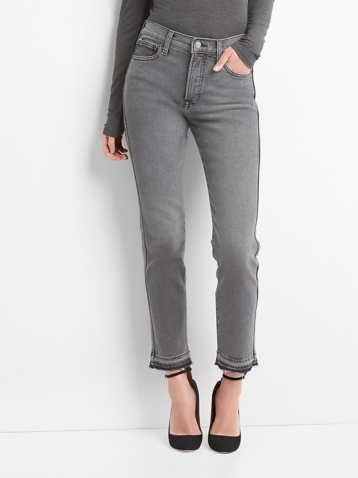 Image number 1 showing, High Rise Slim Straight Jeans with Distressed Detail
