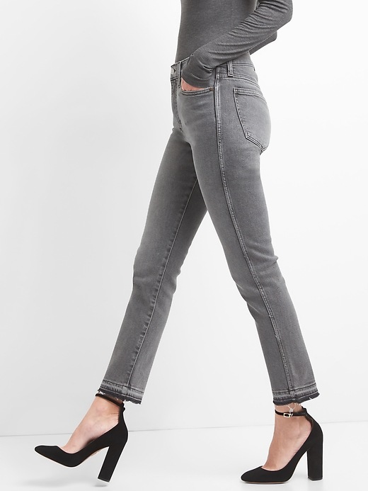 Image number 5 showing, High Rise Slim Straight Jeans with Distressed Detail