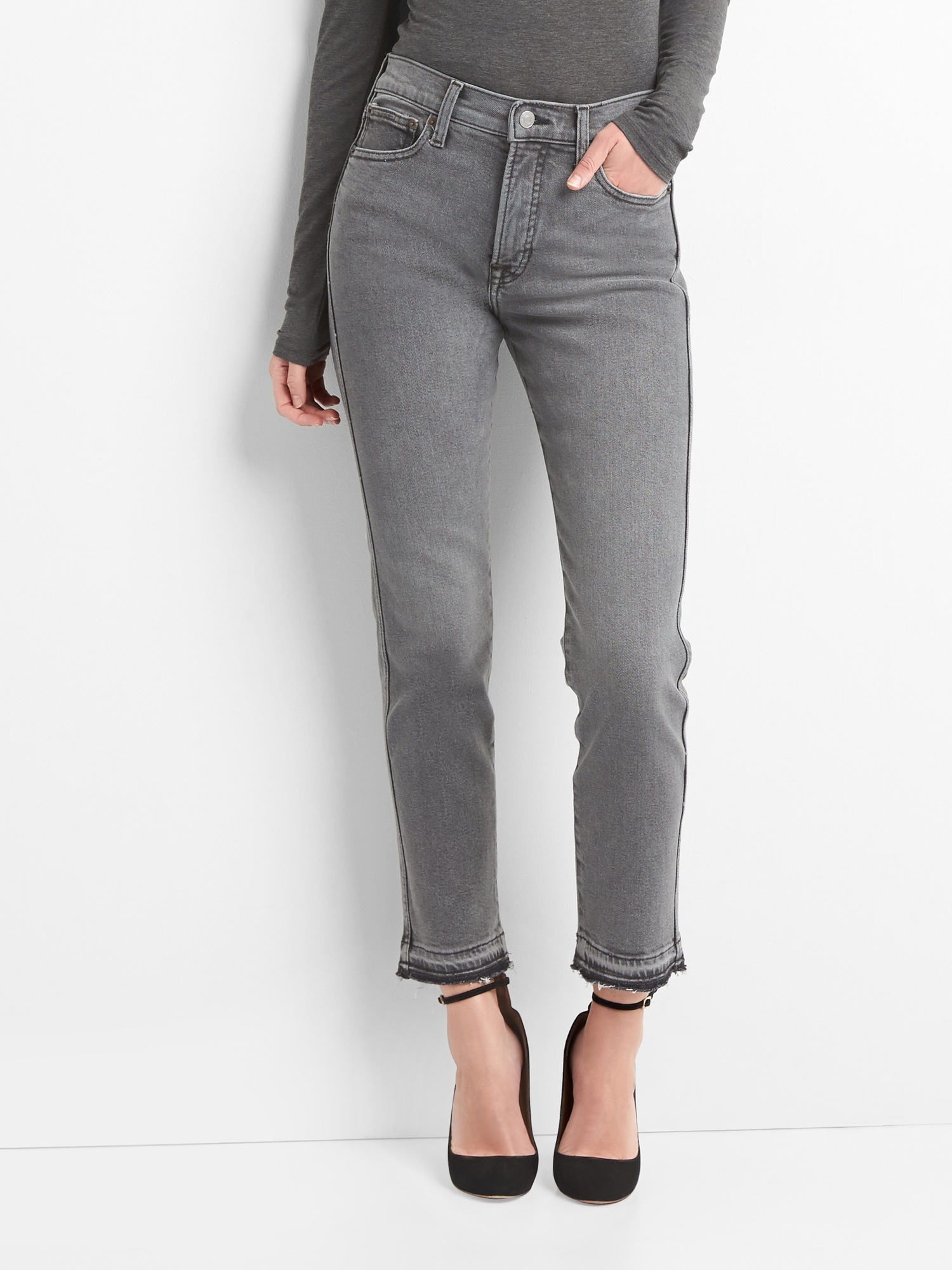 High Rise Slim Straight Jeans with Distressed Detail - Black