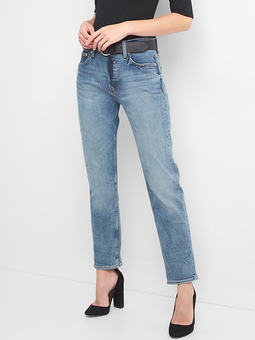 Image number 1 showing, High Rise Button-Fly Straight Jeans in Medium Indigo