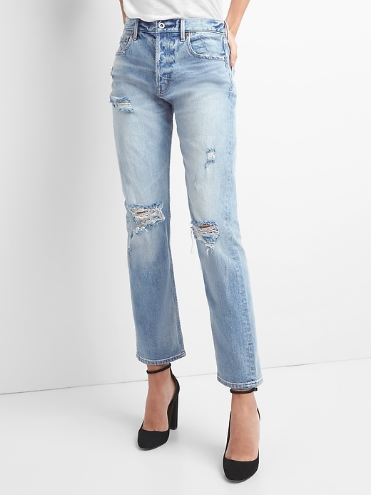 Image number 1 showing, Cone Denim&#174 High Rise Straight Jeans with Destruction