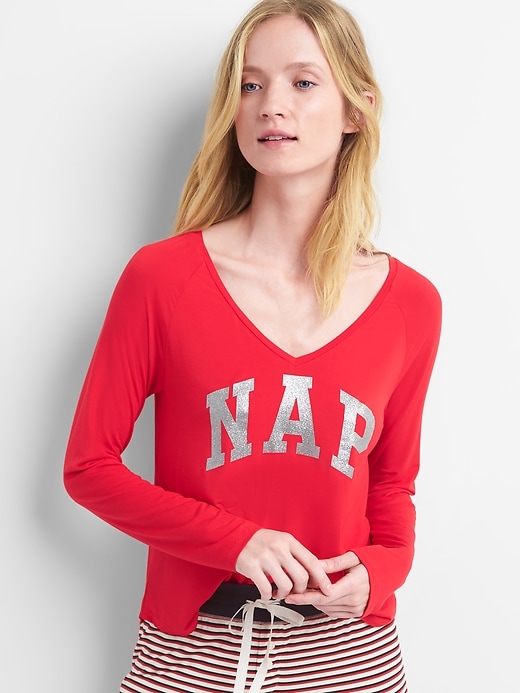 1 of 8 showing, with the color pure red of product Long Sleeve Sleep T-Shirt in Modal