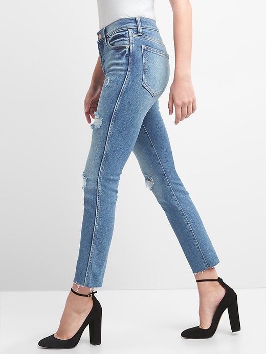 Image number 5 showing, High Rise Slim Straight Jeans with Destruction