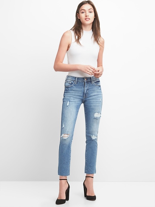 Image number 3 showing, High Rise Slim Straight Jeans with Destruction