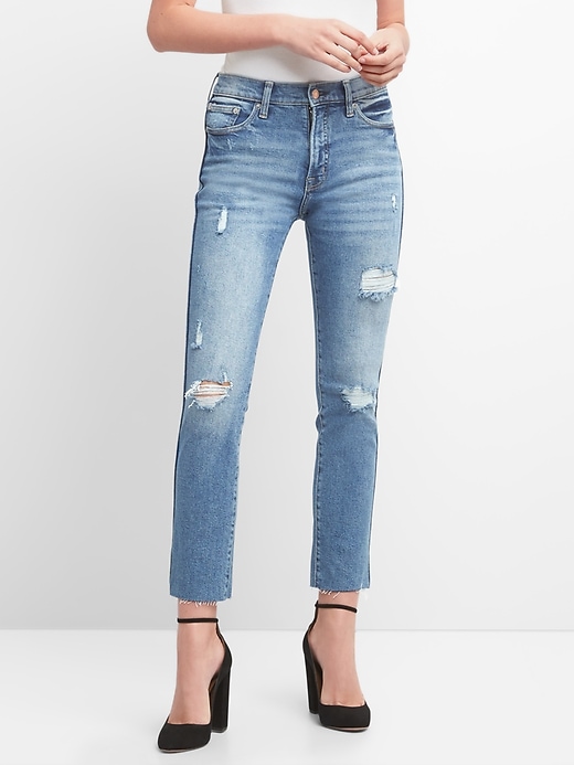 Image number 1 showing, High Rise Slim Straight Jeans with Destruction