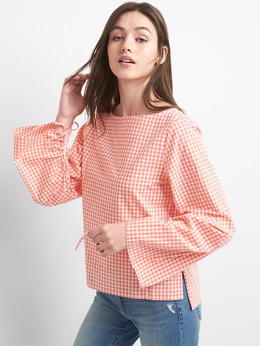 Image number 7 showing, Ruched Sleeve Boatneck Gingham Top in Poplin