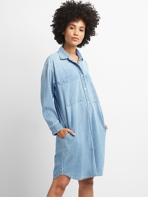 1 of 8 showing, with the color light indigo of product Long Sleeve Pullover Denim Shirtdress