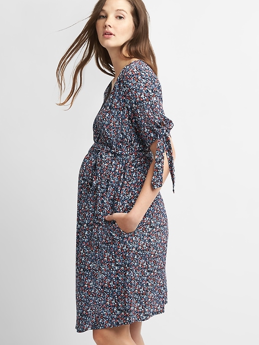 Image number 1 showing, Maternity Tie-Sleeve Wrap Dress in Crepe