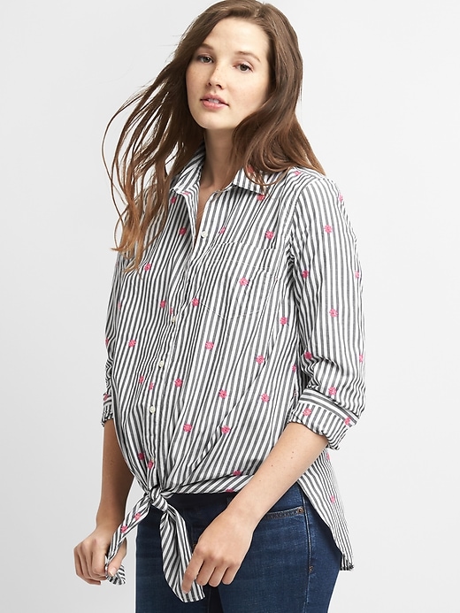 Image number 1 showing, Maternity Long Sleeve Tie-Front Shirt in Poplin
