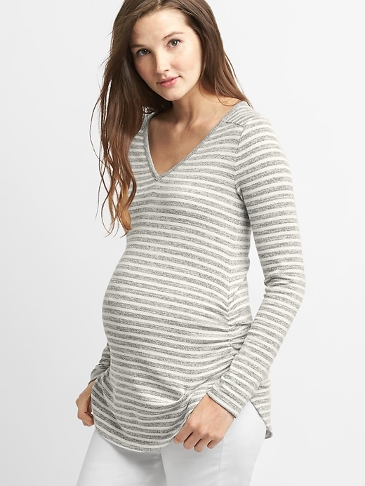 1 of 8 showing, with the color gray stripe of product Maternity Softspun Stripe Long Sleeve V-Neck T-Shirt