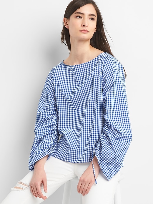 Image number 1 showing, Ruched Sleeve Boatneck Gingham Top in Poplin