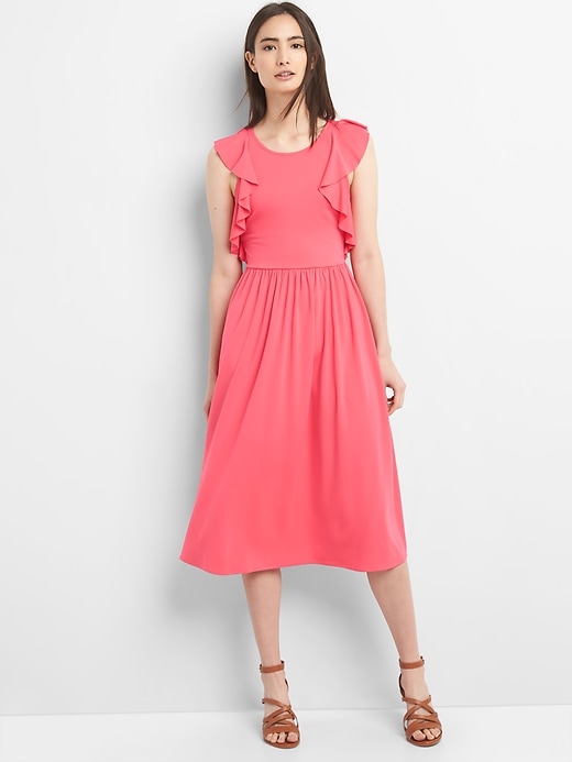 View large product image 1 of 1. Fit and Flare Midi Ruffle Sleeve Dress