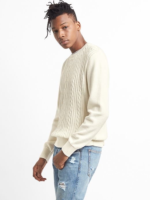 Image number 1 showing, Cable-Knit Pullover Crewneck Sweater in Combed Cotton