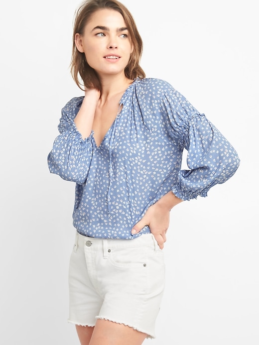 Image number 7 showing, Shirred Long Sleeve Print Blouse