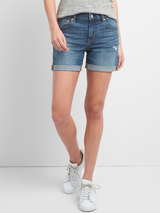 Image number 1 showing, Washwell Mid Rise 5" Denim Shorts with Distressed Detail