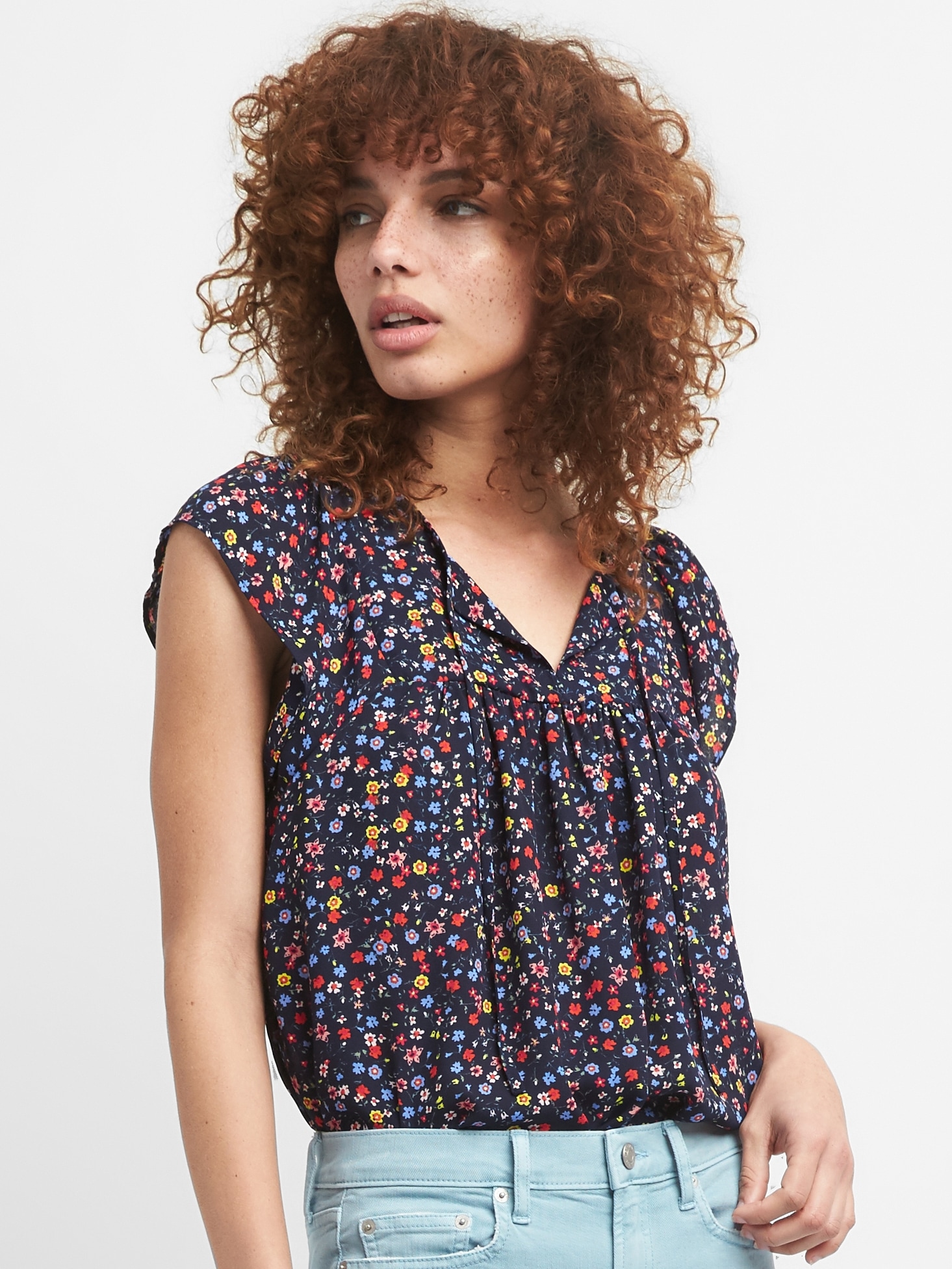 Floral Short Sleeve Tie Neck Blouse Gap