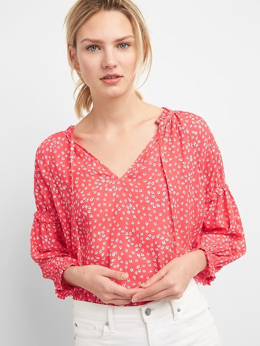 View large product image 1 of 1. Shirred Long Sleeve Print Blouse