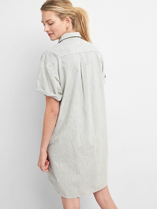 Image number 2 showing, Rolled Sleeve Popover Denim Shirtdress in Pinstripe