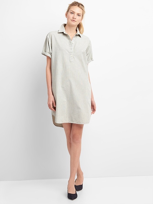 Image number 3 showing, Rolled Sleeve Popover Denim Shirtdress in Pinstripe