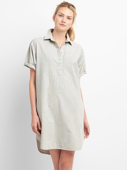 Image number 1 showing, Rolled Sleeve Popover Denim Shirtdress in Pinstripe