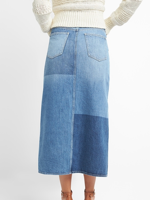 2 of 8 showing, with the color medium indigo of product 5-Pocket Denim Midi Skirt