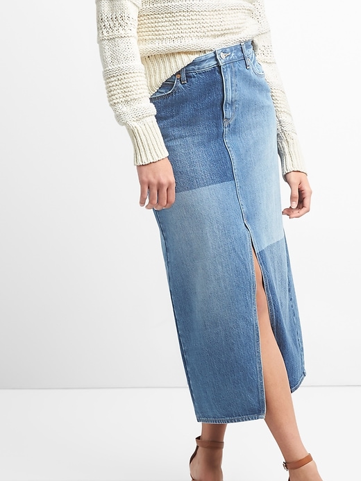 1 of 8 showing, with the color medium indigo of product 5-Pocket Denim Midi Skirt