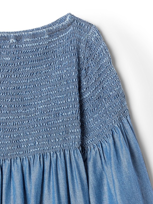 Image number 4 showing, Smocked Bell-Sleeve Dress in Chambray