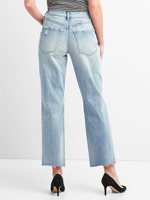2 of 8 showing, with the color (Light) Riptide Blue Destroy of product Cone Denim® High Rise Wide-Straight Jeans with Destruction