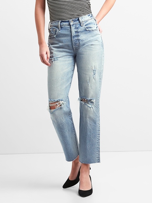1 of 8 showing, with the color (Light) Riptide Blue Destroy of product Cone Denim® High Rise Wide-Straight Jeans with Destruction