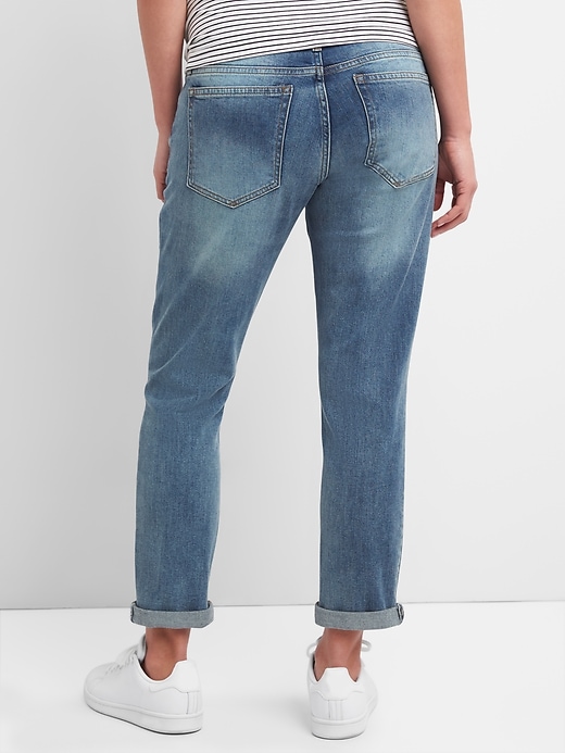 2 of 8 showing, with the color medium indigo of product Maternity Full Panel Repaired Girlfriend Jeans