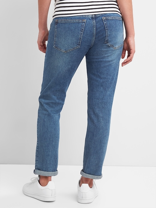 2 of 8 showing, with the color medium indigo of product Maternity Inset Panel Repaired Girlfriend Jeans