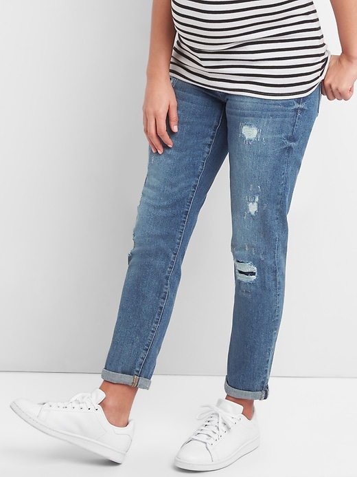1 of 8 showing, with the color medium indigo of product Maternity Inset Panel Repaired Girlfriend Jeans