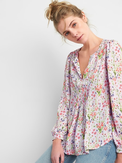 1 of 8 showing, with the color purple floral of product Floral Pintuck Split-Neck Blouse
