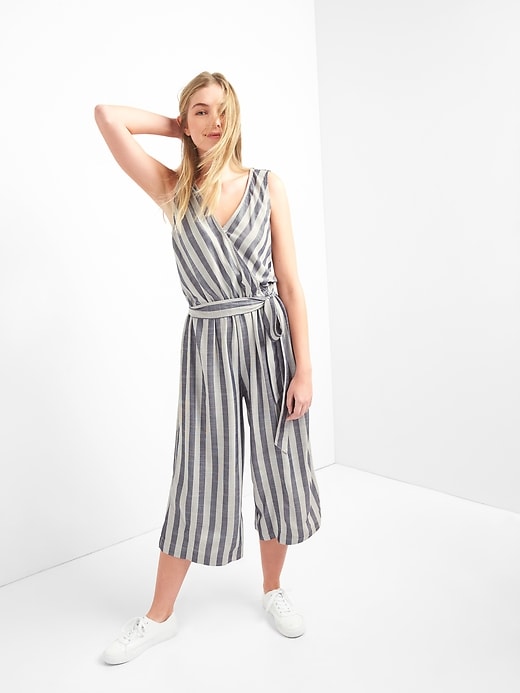 View large product image 1 of 1. Stripe Sleeveless Wrap Jumpsuit