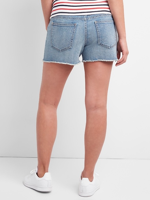 2 of 8 showing, with the color light indigo of product 4" Maternity Inset Panel Denim Shorts with Raw Hem