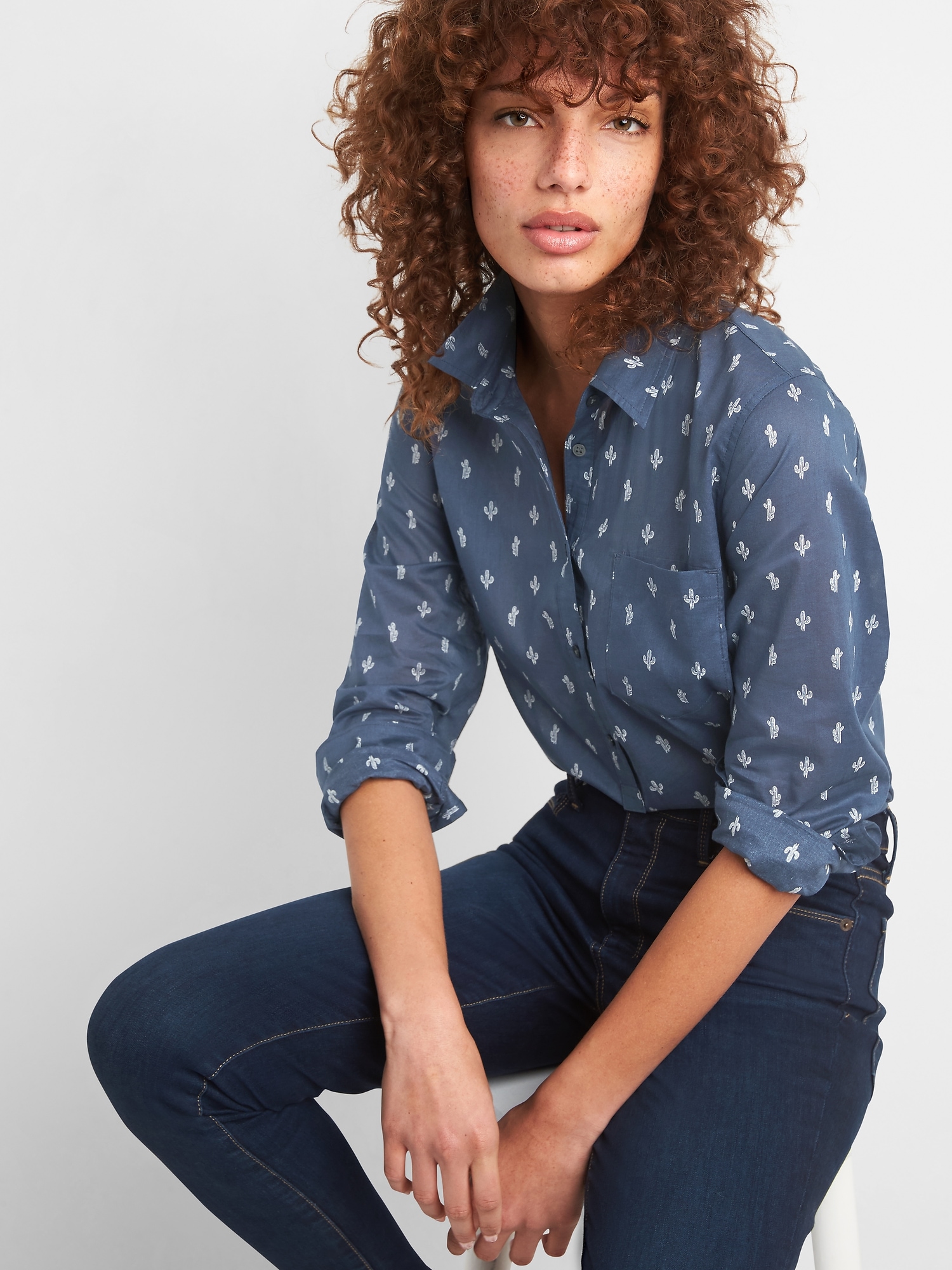 Fitted Boyfriend Popover Print Shirt Gap