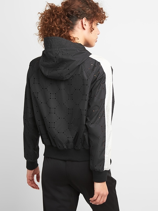 View large product image 2 of 7. GapFit Lightweight Perforated Hooded Bomber Jacket