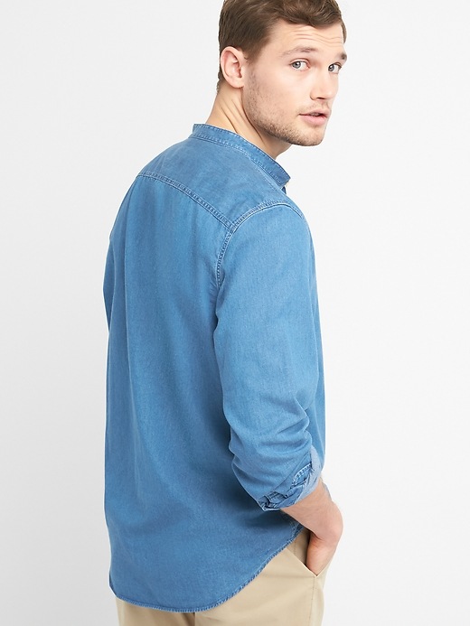 2 of 8 showing, with the color medium indigo of product Standard Fit Shirt in Twill Indigo with Band Collar