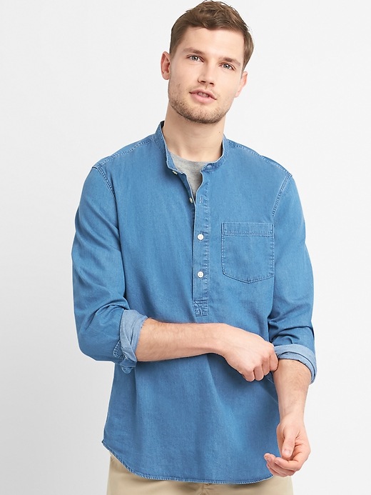 1 of 8 showing, with the color medium indigo of product Standard Fit Shirt in Twill Indigo with Band Collar